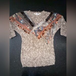Vintage 1980s Oversized Faux Fur Trim 
Animal Print Tassels Chunky Knit SZ SMALL